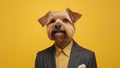 A dapper dog in a suit against a solid yellow background, looking sophisticated. Royalty Free Stock Photo