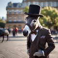 A dapper donkey in a bowler hat and bowtie, strolling through a city park3