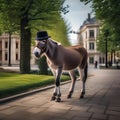 A dapper donkey in a bowler hat and bowtie, strolling through a city park1