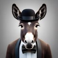 A dapper donkey in a bowler hat and bowtie, strolling through a city park2