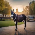 A dapper donkey in a bowler hat and bowtie, strolling through a city park4