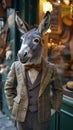 Dapper donkey strides through city streets in tailored elegance, embodying street style