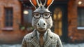 Dapper donkey strides through city streets in tailored elegance, embodying street style