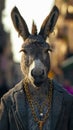 Dapper donkey strides through city streets in tailored elegance, embodying street style