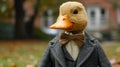 Dapper duck waddles through city streets in stylish attire, embodying street fashion with avian charm