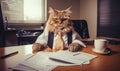 Dapper feline in a stylish suit sits working at an office desk. AI Generative