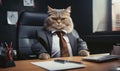 Dapper feline in a stylish suit sits working at an office desk. Created by AI