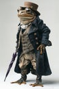 Dapper Frog Character in Vintage Gentleman Attire with Umbrella