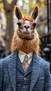 Dapper llama parades through city streets in tailored elegance, embodying street style