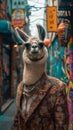 Dapper llama parades through city streets in tailored elegance, embodying street style