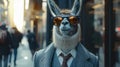 Dapper llama parades through city streets in tailored elegance, embodying street style