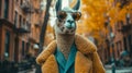 Dapper llama parades through city streets in tailored elegance, embodying street style