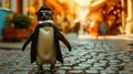 Dapper penguin struts through city streets in tailored elegance, embodying street style