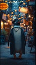 Dapper penguin struts through city streets in tailored elegance, embodying street style