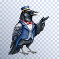 Dapper raven character stands upright, elegantly dressed in blue tailcoat, red bow tie and matching hat, gesturing with one wing. Royalty Free Stock Photo