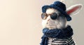 Dapper white bunny in blue knit scarf and hat, banner with copy-space. Royalty Free Stock Photo