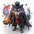 Dapper wolf sorcerer conjuring magic with fiery elixir. Royalty Free Stock Photo