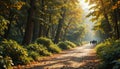 Dappled sunlight filters through tall trees lining a serene forest path, casting soft