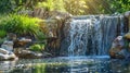 Dappled sunlight illuminates the tranquil waterfall creating a picturesque backdrop for the peaceful pond at its base. . Royalty Free Stock Photo