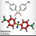 Dapsone, diaminodiphenyl sulfone, DDS molecule. It is sulfone antibiotic for the treatment of leprosy and dermatitis herpetiformis