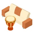 Darbuka icon isometric vector. Percussion music instrument near upholstered sofa