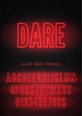 Dare night light glowing effect hollow font with numbers on dark brick background. Vector red neon alphabet