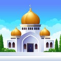 Cute Cartoon mosque with golden dome and green and yard flat illustration