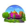 Colorful mosque with golden dome and courtyard garden illustration