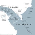 Darien Gap, region in the Isthmus of Panama, gray political map