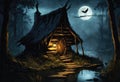 A daring adventurer approaching the eerie witch-s hut in the heart of the dark swamp Royalty Free Stock Photo