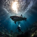 Diver Swimming Close to a Shark in Crystal Clear Waters