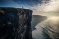 Daring Girl stands edge cliff nature. Generate Ai