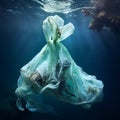 A person swimming under water with a plastic bag