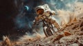A daring monkey astronaut mountain biking on the moons surface Earth rising in the background Royalty Free Stock Photo
