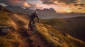 A daring mountain bike rider navigating a rugged rocky trail with a breathtaking mountain vista , adventure riding concept