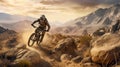 A daring mountain bike rider navigating a rugged rocky trail with a breathtaking mountain vista , adventure riding concept