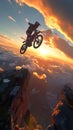 Daring mountain feat motorbike rider performs sunset stunt on rocky slope