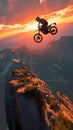 Daring mountain feat motorbike rider performs sunset stunt on rocky slope