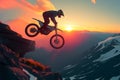 Daring mountain feat motorbike rider performs sunset stunt on rocky slope