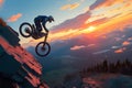 Daring mountain feat motorbike rider performs sunset stunt on rocky slope Royalty Free Stock Photo