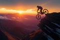 Daring mountain feat motorbike rider performs sunset stunt on rocky slope