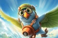 Daring parrot, wearing an aviator hat and goggles, flying a biplane through a cloudy sky towards an unknown adventure, big eyes