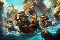 Daring quest with a charismatic group of pirate otters, animal pirate illustration generative ai