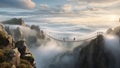 Daring rope bridge suspended among misty clouds