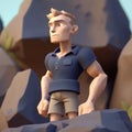 daring teen with a mischievous smirk, wearing a navy blue shirt and khaki shorts, standing atop a rock digital character