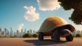 A Daring Turtle Is Standing On The Road In Front Of A City AI Generative