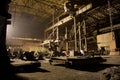 Dark abandoned rusted ruined industrial interior at night. Voronezh excavator plant