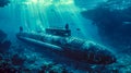 Sunken submarine in underwater seascape