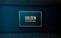 Dark abstract background with blue wave overlap layers. Realistic dimension rectangle shape with golden glitters dots element