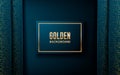 Dark abstract background with blue wave overlap layers. Realistic dimension rectangle shape with golden glitters dots element